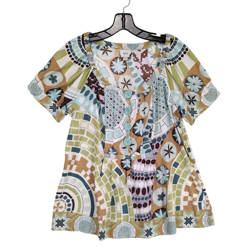 ECI NY Women's 10 Satin Whimsical Print Blouse Top, Peplum Puff Sleeve Y2K Silk‎